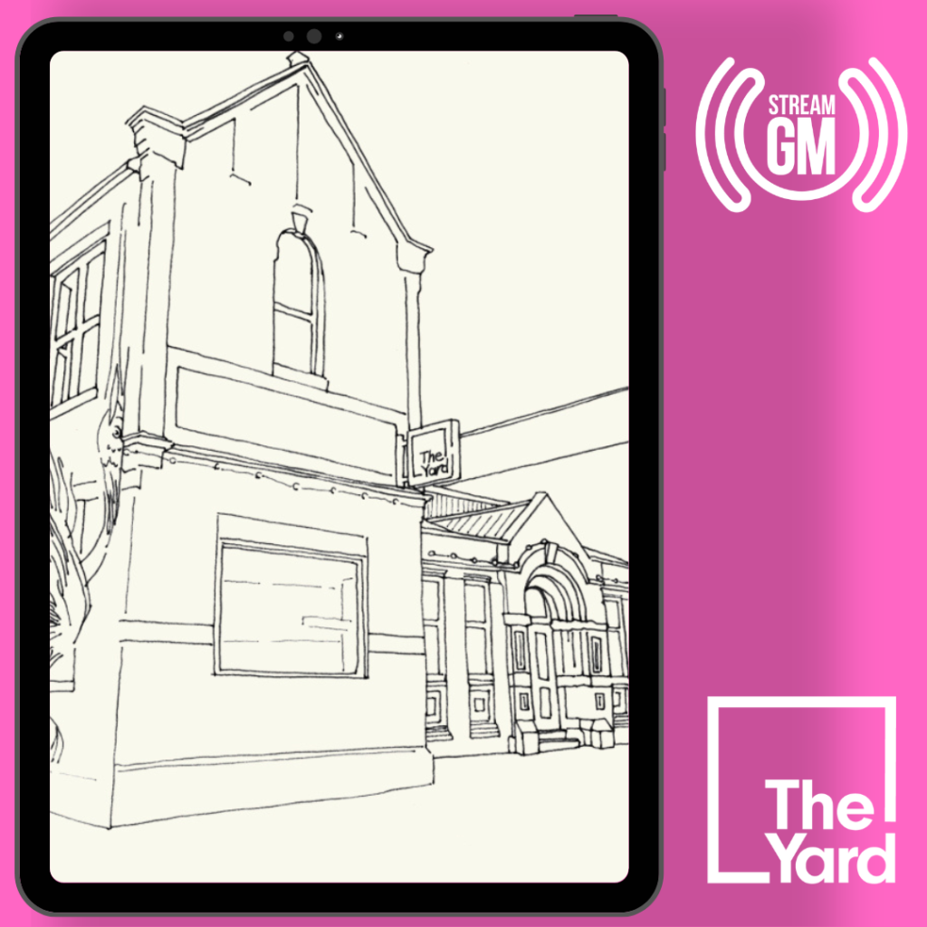 Sketch drawing of the yard exterior featured in pink stream GM branded layout